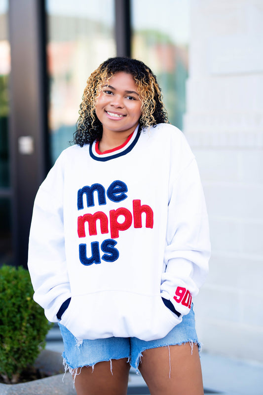 Classic MemphUS Crewneck Sweater | White with Navy + Red